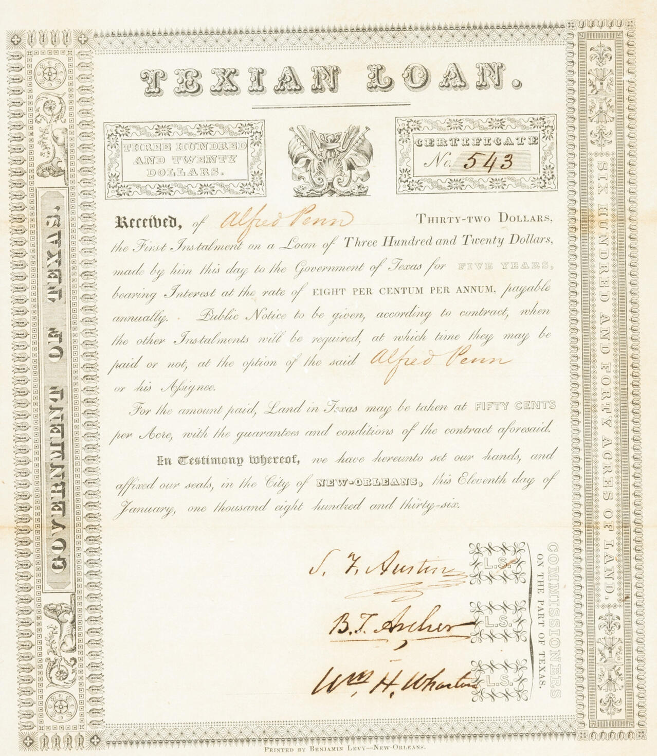Stephen F. Austin Signed Texian Loan Certificate