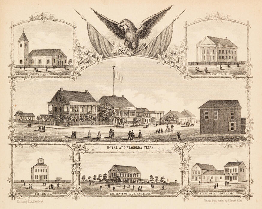 Matagorda Bay: Pictorial Letter Sheet. By Helmuth Holtzl, 1860. The views show six buildings, with eagle and flags at top of page.